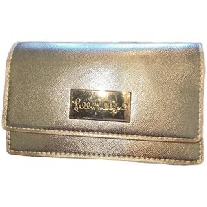 Lilly Pulitzer Gold Metallic Crossbody Bag/Clutch Floral Lining Saffiano Texture